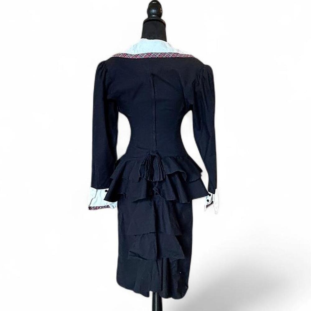 Vintage Gunne Sax Black Peplum Dress White Cuffs Collar Secretary Style Size 9